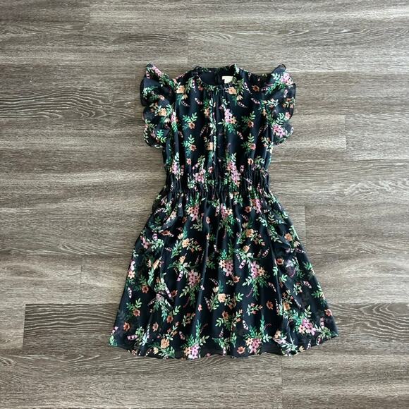 Shoshanna Amora 100% Silk Chiffon Dress Black Floral Ruffle Size 4 Fit & Flare - Picture 10 of 16